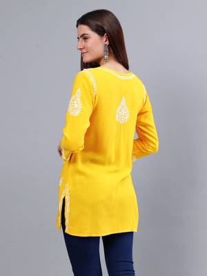 hand embroidered yellow rayon lucknowi chikankari top 4
