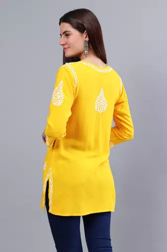 hand embroidered yellow rayon lucknowi chikankari top