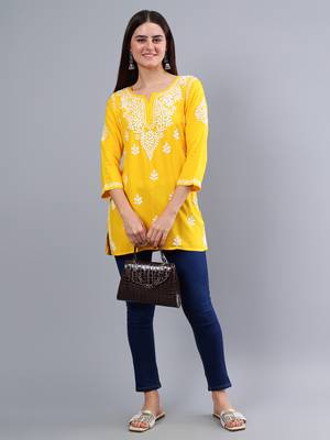 hand embroidered yellow rayon lucknowi chikankari top 5