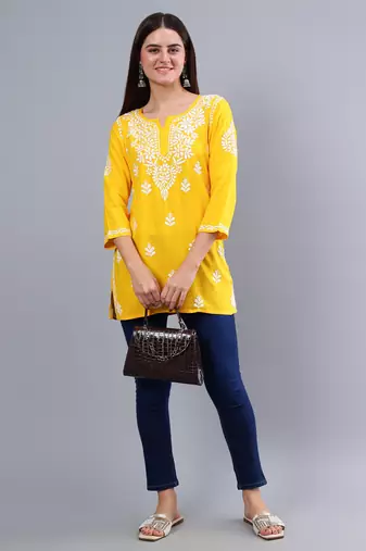 hand embroidered yellow rayon lucknowi chikankari top