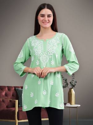 Seva chikan hand embroidered green rayon lucknowi chikankari top 1