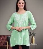Seva chikan hand embroidered green rayon lucknowi chikankari top