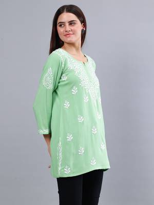 Seva chikan hand embroidered green rayon lucknowi chikankari top 2