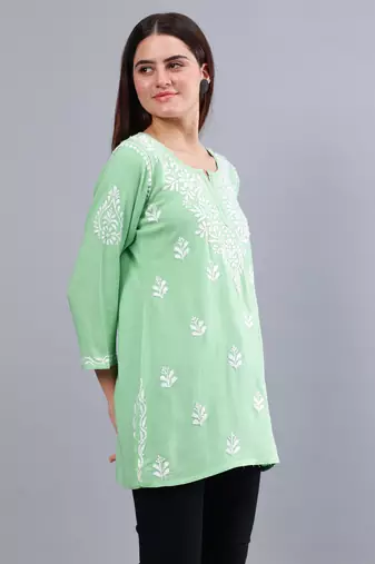 Seva chikan hand embroidered green rayon lucknowi chikankari top