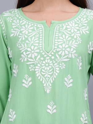 Seva chikan hand embroidered green rayon lucknowi chikankari top 3
