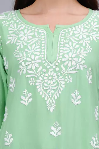 Seva chikan hand embroidered green rayon lucknowi chikankari top