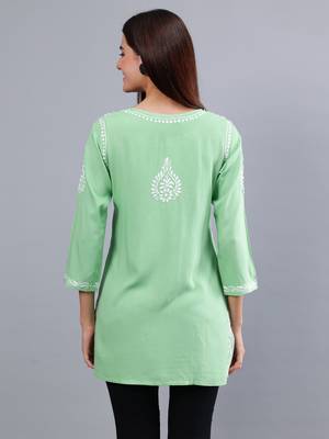 Seva chikan hand embroidered green rayon lucknowi chikankari top 4