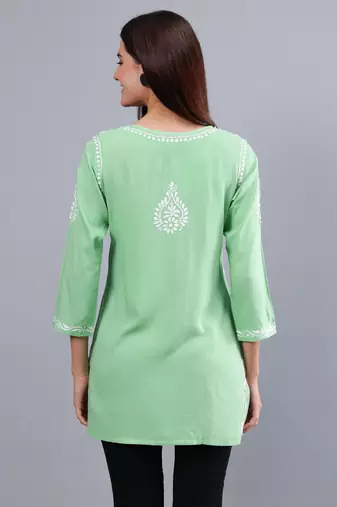 Seva chikan hand embroidered green rayon lucknowi chikankari top