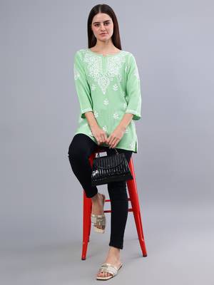 Seva chikan hand embroidered green rayon lucknowi chikankari top 5