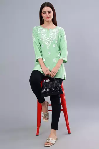 Seva chikan hand embroidered green rayon lucknowi chikankari top