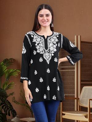 hand embroidered black rayon lucknowi chikankari top 1