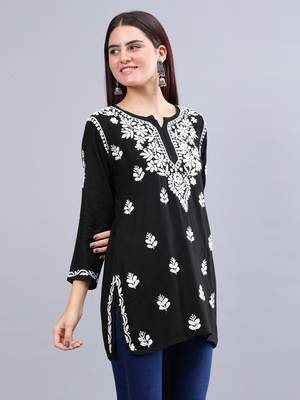 hand embroidered black rayon lucknowi chikankari top 2