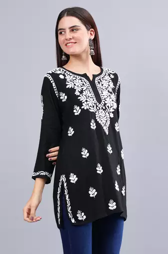 hand embroidered black rayon lucknowi chikankari top