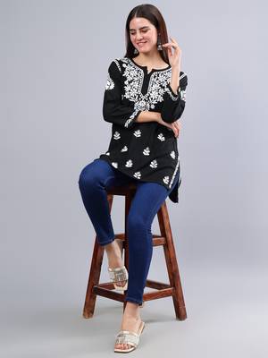 hand embroidered black rayon lucknowi chikankari top 5