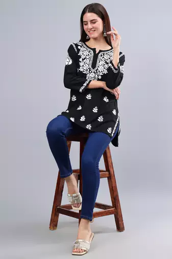 hand embroidered black rayon lucknowi chikankari top
