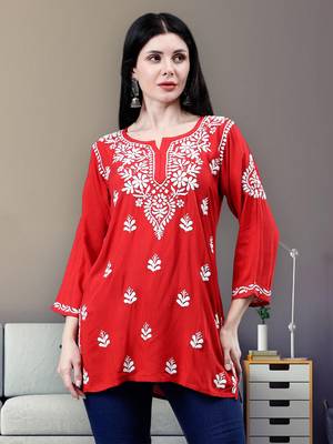 hand embroidered red rayon lucknowi chikankari top 1