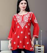 hand embroidered red rayon lucknowi chikankari top