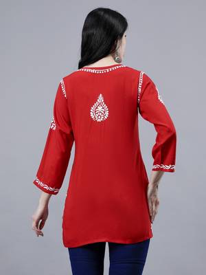 hand embroidered red rayon lucknowi chikankari top 2