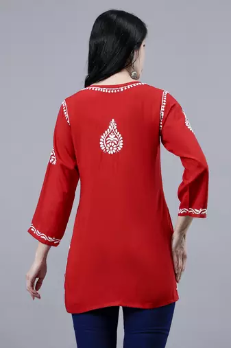 hand embroidered red rayon lucknowi chikankari top