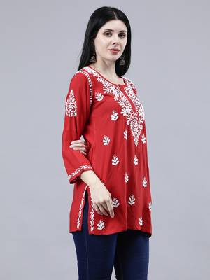 hand embroidered red rayon lucknowi chikankari top 3