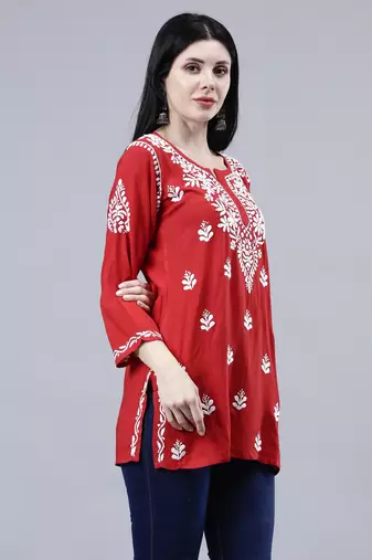 hand embroidered red rayon lucknowi chikankari top