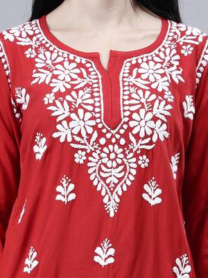 hand embroidered red rayon lucknowi chikankari top 4
