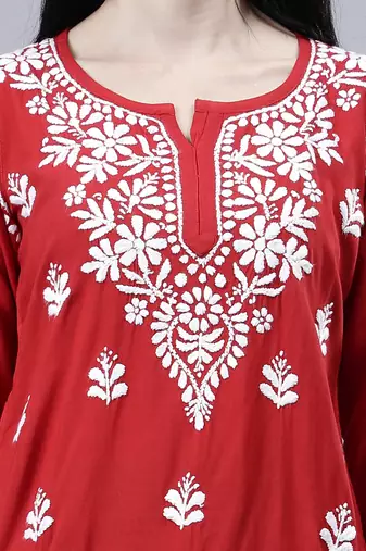 hand embroidered red rayon lucknowi chikankari top