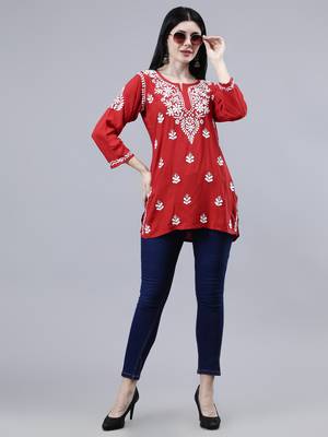 hand embroidered red rayon lucknowi chikankari top 5