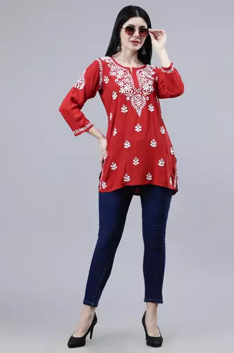 hand embroidered red rayon lucknowi chikankari top