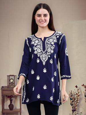 Seva chikan hand embroidered navy blue rayon lucknowi chikankari top 1