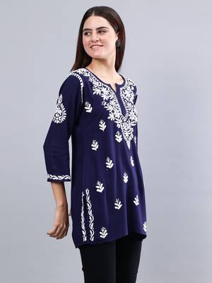 Seva chikan hand embroidered navy blue rayon lucknowi chikankari top 2