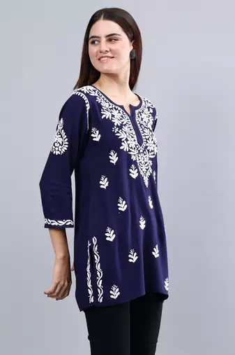 Seva chikan hand embroidered navy blue rayon lucknowi chikankari top