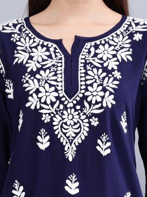 Seva chikan hand embroidered navy blue rayon lucknowi chikankari top 3