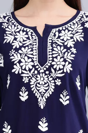 Seva chikan hand embroidered navy blue rayon lucknowi chikankari top