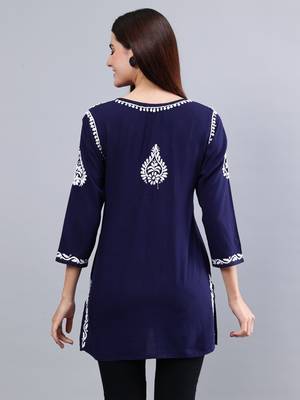 Seva chikan hand embroidered navy blue rayon lucknowi chikankari top 4