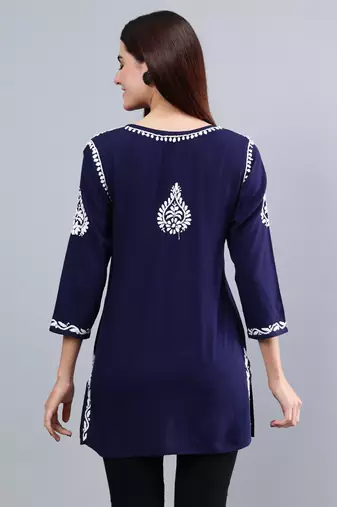 Seva chikan hand embroidered navy blue rayon lucknowi chikankari top