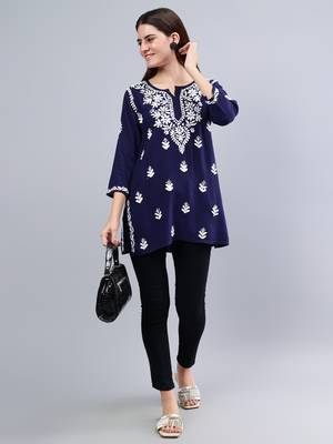 Seva chikan hand embroidered navy blue rayon lucknowi chikankari top 5