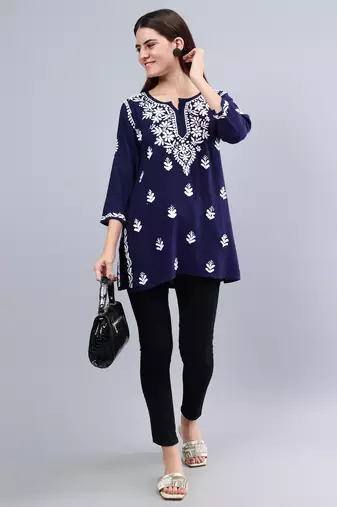 Seva chikan hand embroidered navy blue rayon lucknowi chikankari top
