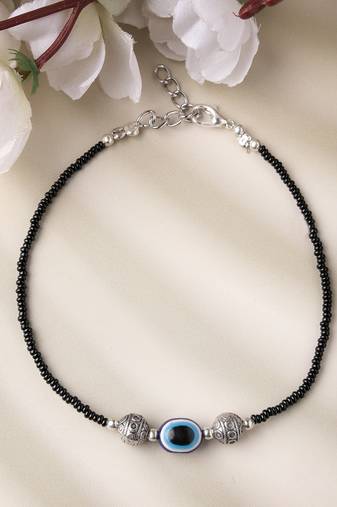 Women set of 2 brass-plated stone-studded & evil eye beaded anklet