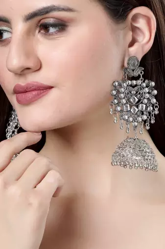Women silver-plated oxidised artificial stones dome shaped jhumka earrings