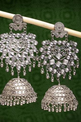 Women silver-plated oxidised artificial stones dome shaped jhumka earrings