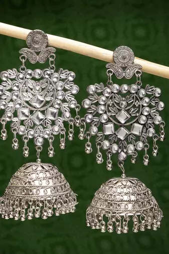 Women silver-plated oxidised artificial stones dome shaped jhumka earrings