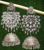 Women silver-plated oxidised artificial stones dome shaped jhumka earrings