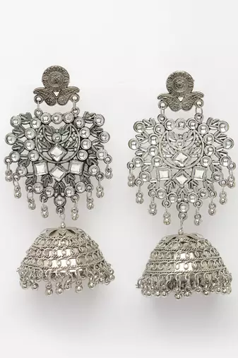 Women silver-plated oxidised artificial stones dome shaped jhumka earrings