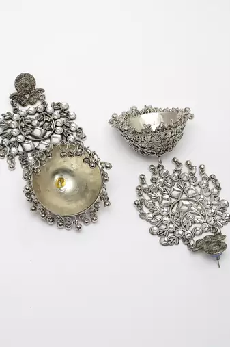 Women silver-plated oxidised artificial stones dome shaped jhumka earrings