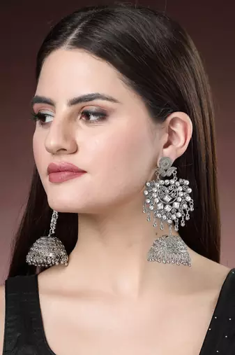 Women silver-plated oxidised artificial stones dome shaped jhumka earrings