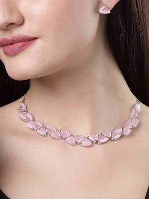 Women pink artificial stones studded handcrafted jewellery set 1