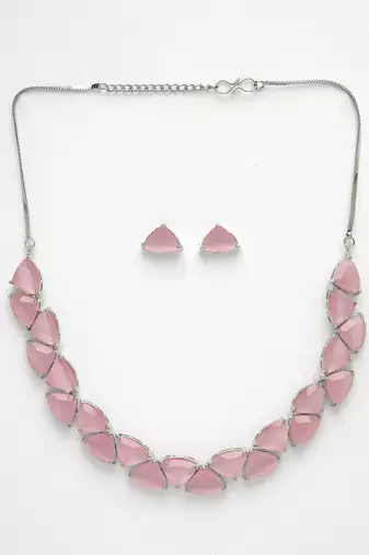 Women pink artificial stones studded handcrafted jewellery set