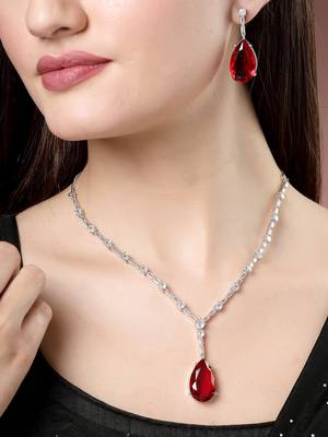 Women silver-plated red artificial stones studded handcrafted jewellery set 1