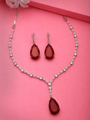 Women silver-plated red artificial stones studded handcrafted jewellery set 2